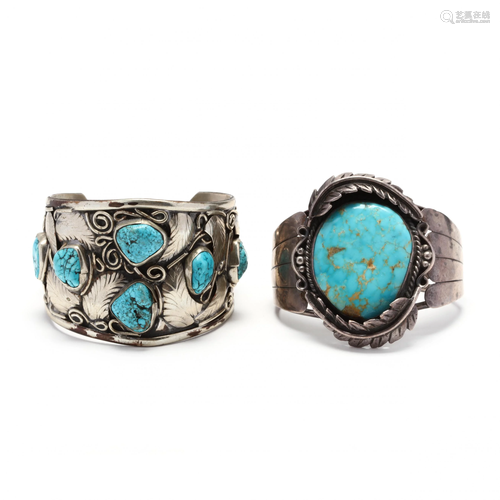 Two Southwestern Silver and Turquoise Cuff Bracelets