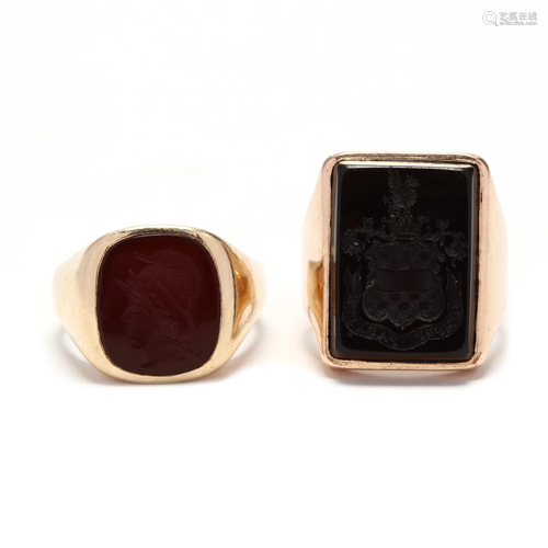 Two 14KT Gold and Gemstone Intaglio Rings