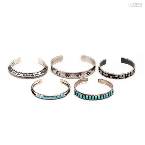 Five Southwestern Silver Cuff Bracelets