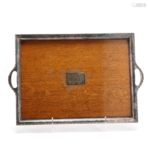 Large Antique Oak & Silverplate Gallery Tray