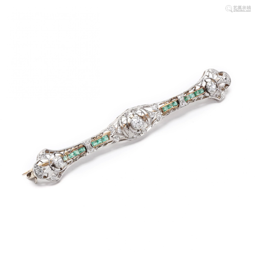 Antique Platinum, Gold, Diamond, and Emerald Bar Br…