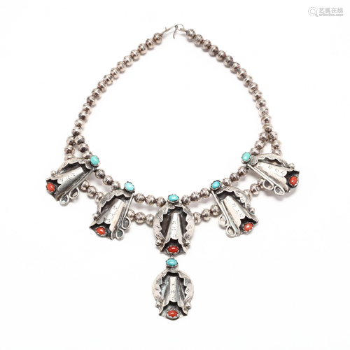 Vintage Silver and Gem-Set Squash Blossom Necklace