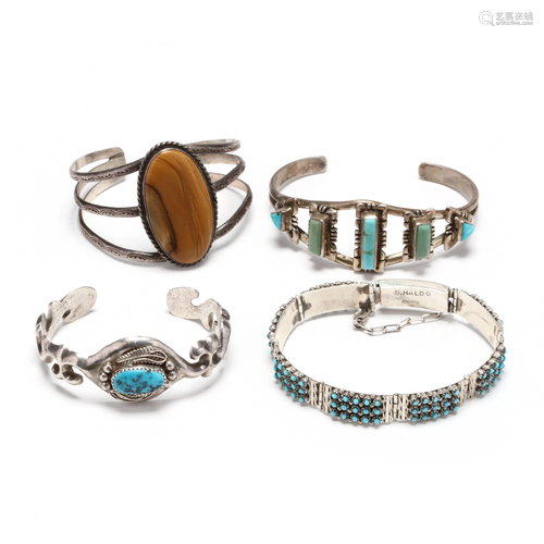 Four Southwestern Silver and Gem-Set Bracelets