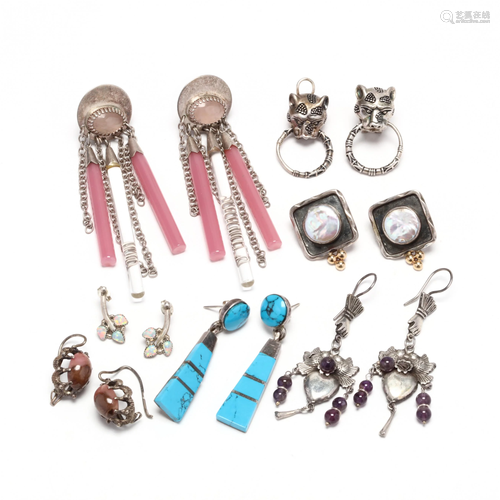 Seven Pairs of Silver and Gem-Set Earrings