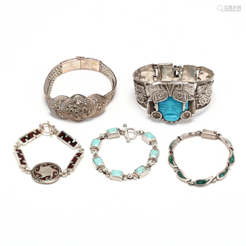 Five Silver and Gem-Set Bracelets