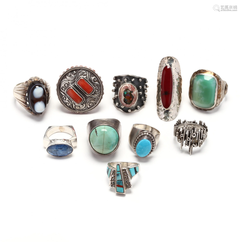 Ten Silver and Gem-Set Rings