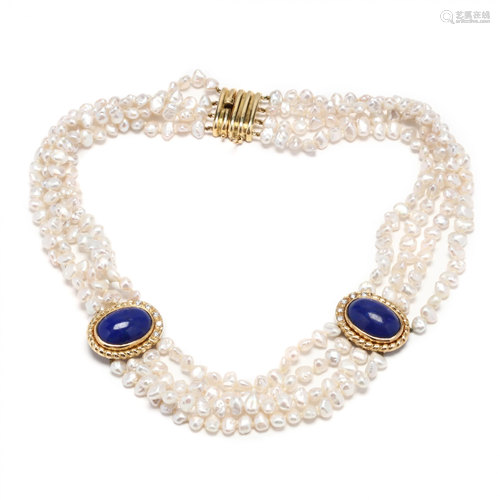 Gold, Pearl, Lapis, and Diamond Necklace