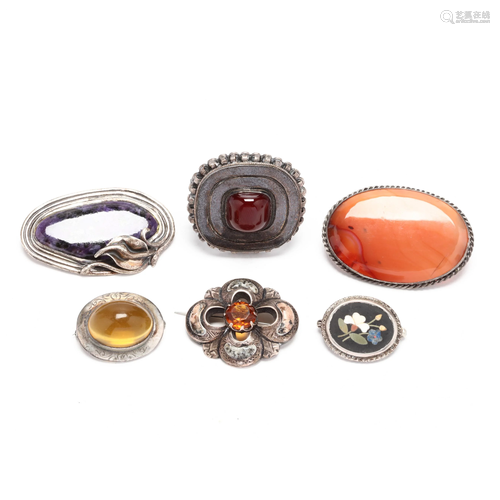 Six Silver and Gem-Set Brooches