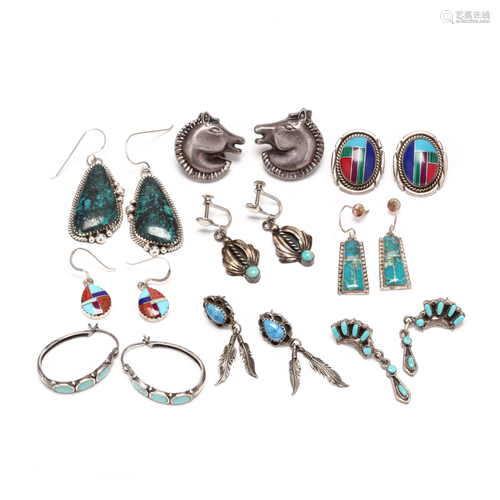 Nine Pairs of Southwestern Silver and Gem-…