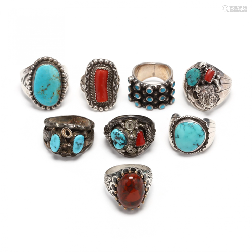 Eight Southwestern Silver and Gem-Set Rings