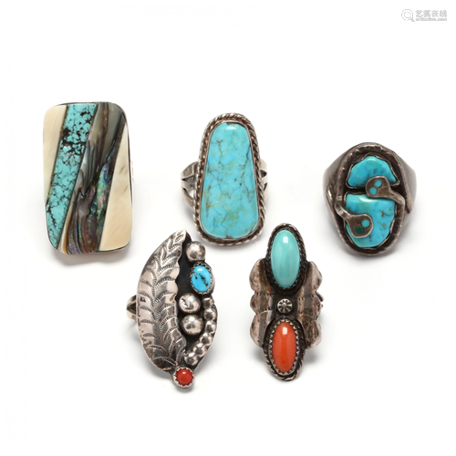 Five Southwestern Silver and Gem-Set Rings