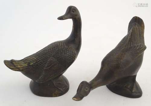 Two 20thC cast bronze ducks. Largest approx. 4 3/4