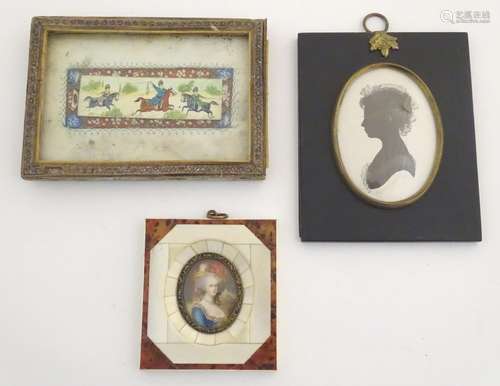 Three 19th / 20thC miniatures and silhouettes to include a print of a young lady in silhouette, a