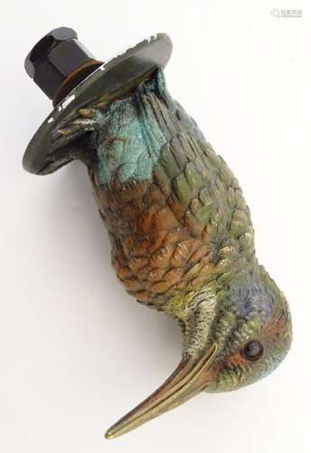 An Austrian cold painted bronze model of a kingfisher bird mounted as a car bonnet / hood mascot.