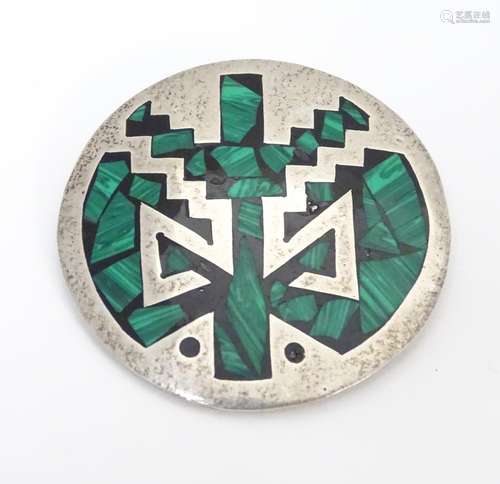 A Mexican silver brooch of circular form with with malachite detail 2