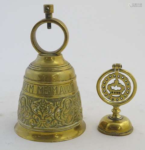 A late-19thC brass church bell, inscribed 'Vocem Meam audit oui me tangit' ('Who touches me, hears