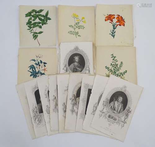 Five watercolours depicting wild flowers, together with 22 monochrome engravings of British monarchs