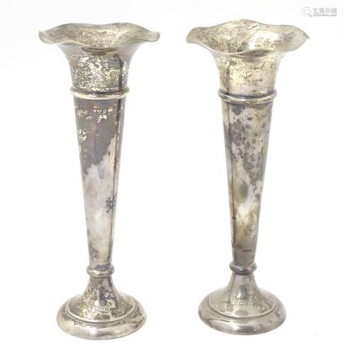 A pair of silver trumpet shaped bud vases. Hallmarked Chester 1907 Maker Jay, Richard Attenborough