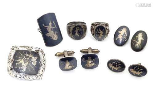 Various items of silver and white metal niello decorated jewellery, many marked Siam and/or Sterling