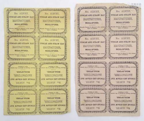 Two sheets of eight Victorian hatter's trade labels; Mrs Albury, Tuscan and Straw Hat