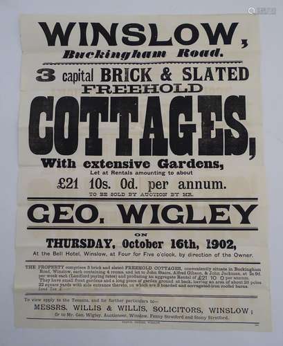 Buckinghamshire local interest: an early-20thC auction advertising poster, 'Winslow, Buckingham