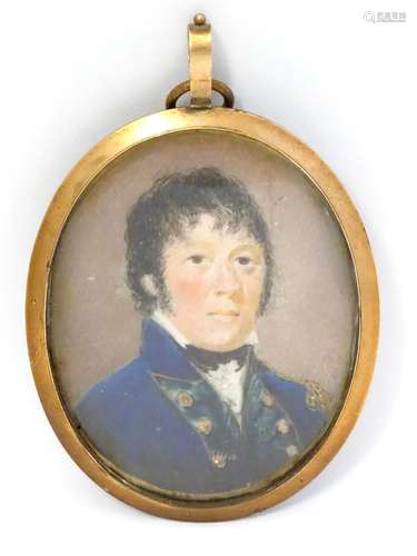 A 19thC English School oval watercolour and bodycolour portrait miniature depicting a military