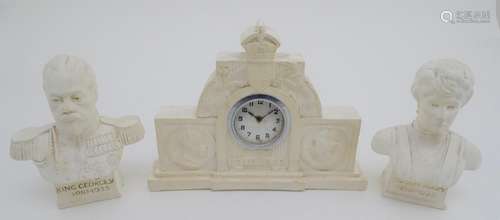 Commemorative Geo V clock : a plaster clock and garnitures of King George V and Queen Mary , the