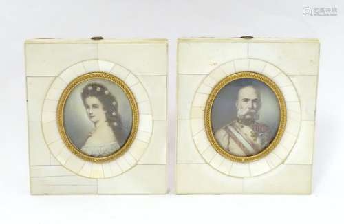 A pair of 19thC oval watercolour portrait miniatures depicting Franz Joseph I and Empress