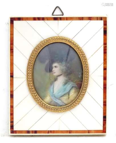 A 19thC oval watercolour portrait miniature depicting Sarah Siddons after Thomas Gainsborough (