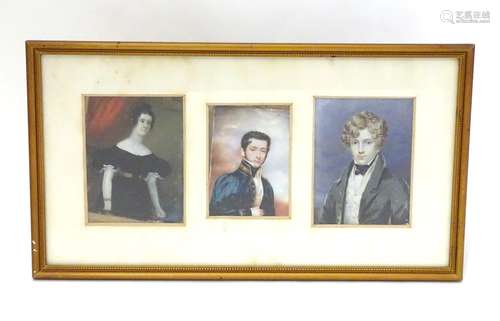 Three 19thC English portrait miniatures mounted as one, depicting two gentlemen and a woman,