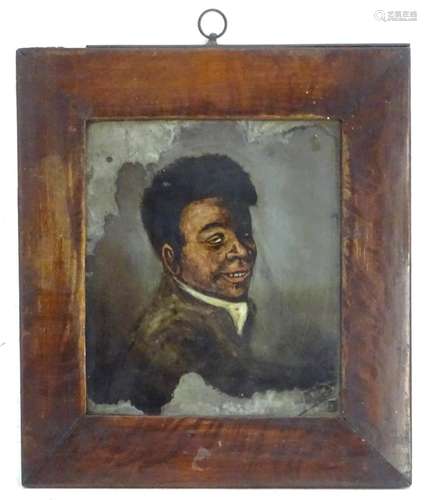 A 19thC reverse glass portrait of a black / negro gentleman. Approx. 7 1/4