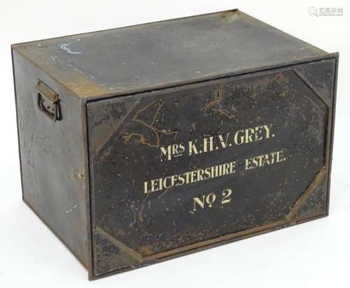 A mid-20thC steel deed box, black painted finish with white stenciled lettering: 'Mrs K.H.V. Grey.