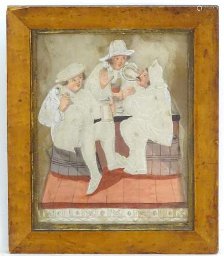 XVIII-XIX, Watercolour and pin pricked paper, A tavern scene with three gentlemen sat on barrels