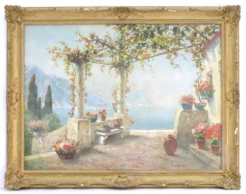 F Gardner, XX, Oil on canvas, A mountainous Italian lake view from a vine covered pergola with vases