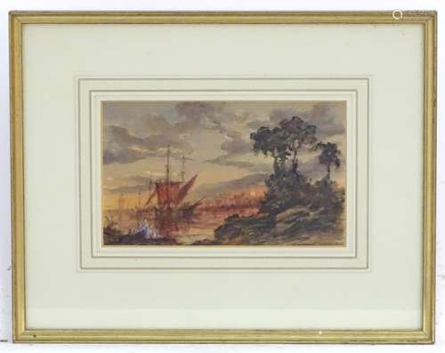 XIX, Marine School, Watercolour and gouache, A seascape scene at sunset with ships and boats on