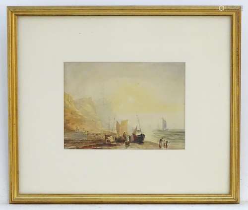 XIX, English Marine School, Watercolour, Fishermen unloading their catch onto the beach, with