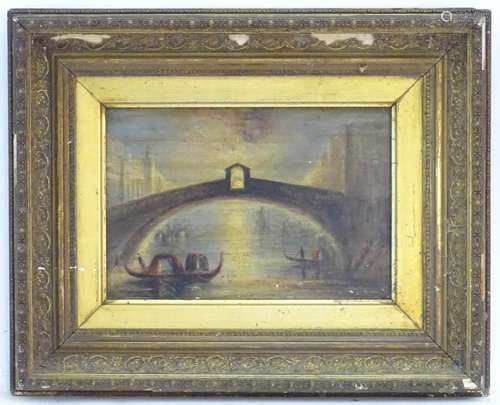 XIX, Venetian School, Oil on board, Rialto Bridge, Venice at sunrise with figures in gondolas.