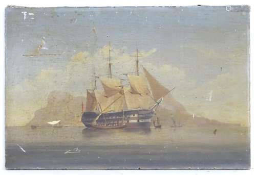 XIX, Marine School, Oil on canvas, A British Man O' War ship and boats off the island of