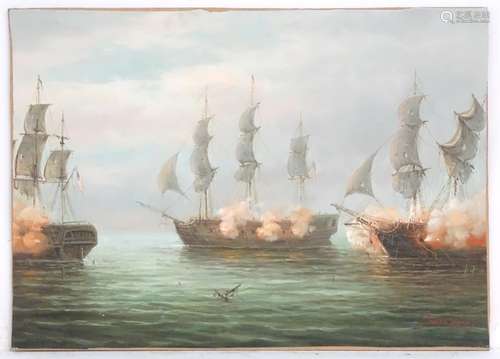 James Hardy, XX, Marine School, Oil on canvas board, A Naval Engagement, A sea battle, with war