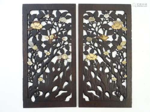 A pair of 19thC Japanese carved reticulated decorative panels, decorated with carved bone and mother