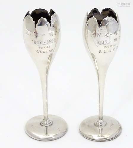 A pair of silver bud vases Hallmarked Chester 1909. Approx 5