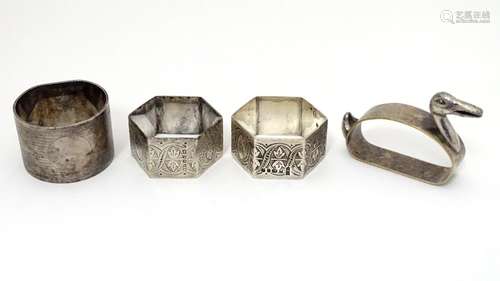 Assorted napkin rings, to include two Victorian hexagonal formed napkin rings hallmarked Sheffield