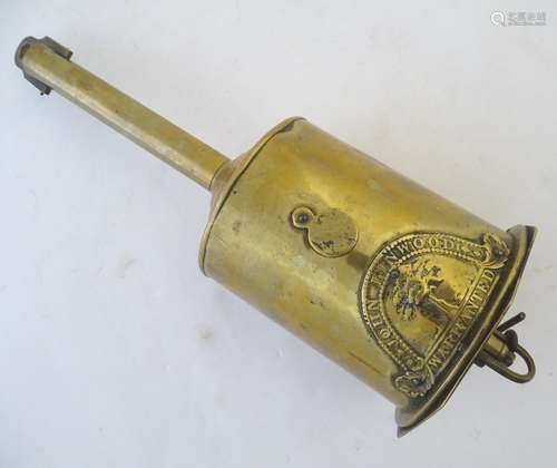 A 19thC brass clockwork meat jack, the barrel marked 'John Linwood. Warranted' with tree emblem,