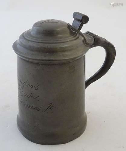 Kitchenalia: a 19thC pewter lidded tankard, with engraved inscription 'Alexander's Chop House, 112