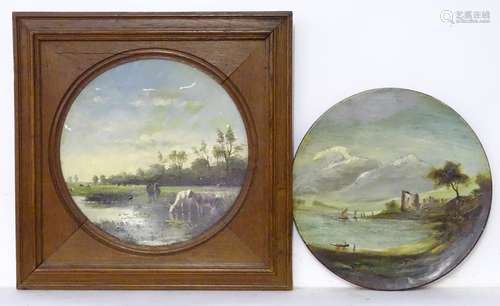 Two late 19th / early 20thC hand painted chargers / plates. An English landscape scene with cows /