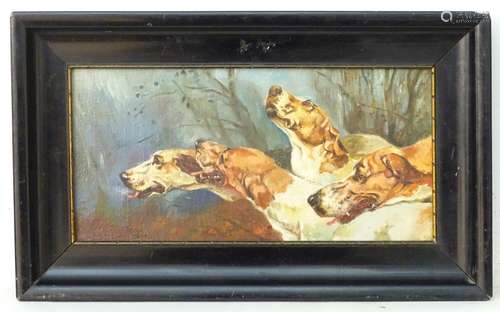 XIX, English School, Oil on canvas, Hounds / Hunting dogs in a landscape. Approx. 7 1/2