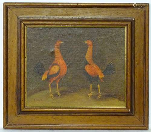 J. Box, XX, Oil on canvas laid on board, A pair of fighting cocks. Signed lower left. Approx. 8