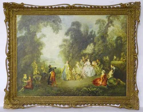 After Jean-Antoine Watteau (1684-1721), Coloured print, Fête Champêtre, A pastoral scene with