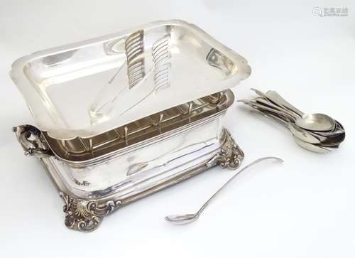 A silver plate serving dish / asparagus dish with asparagus tongs and assorted silver plate