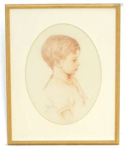 Harold Cox (act. 1921-), English School, Crayon on paper, An oval profile portrait of a young boy,